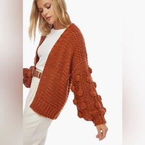 Chunky Knit Rose Color Bubble Sleeve Open Front Cardigan- Medium